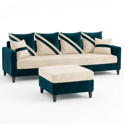 Image of SLEEPIFY Canza 4 Seater Sofa Set with Ottoman (Green Teal - Cream) | Premium Soft Velvet | Plush Comfort Cushions | Modern Living Room Sofa | Spacious Comfortable Seating