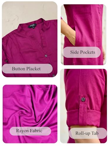 Image of Women's Roll-Up Sleeve Tunic Top, V-Neck with Button Front, Side Pockets, Rayon Short Kurti