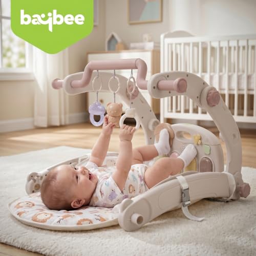 Image of Baybee 8 in 1 Rocker for Babies with Music Toy Bar, Soft Fabric, Food Tray, Tool Free Installation | Multi-Function Push Walker, Ride-On, Play Gym & Rocking Chair | Baby Bouncers & Rockers for 0-3 Years (Beige & Purple)