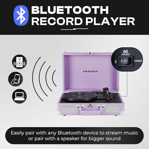 Image of Crosley CR8005F-LN Cruiser Plus Record Player, Lavender | 3-Speed Turntable, Bluetooth In / Out, Built-in Stereo Speakers, Isolated Internal Speakers Minimize Vibration