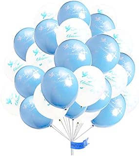 Christening Day Balloons Decorations for Boys Girls Baby Baptism Baby Shower Dove Cross Birthday Latex Balloon Blue and White Pack of 12