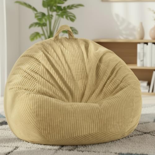 Stuffed Animal Storage Bean Bag Chair Cover (No Filler), Large Toy Storage Organizer & Comfy Kids Sofa Chair for Playroom, Teens Adults Toddler,Corduroy (Khaki, Cover Only)