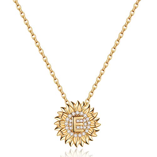 Dainty Sunflower Necklace Sunflower Gifts, CZ Initial E Sunflower Necklace for Women Letter Necklaces for Teen Girls Jewelry Sunflower Gifts for Women 14K Gold Initial Necklaces Sunflower Jewelry