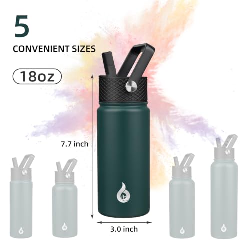 Image of BJPKPK Insulated Water Bottles with Straw Lid, 18oz Stainless Steel Metal Water Bottle, Cold Hot Thermo with 3 Lids, Leak Proof BPA Free Travel Cup, Wide Mouth Flasks, Thermo-Army Green