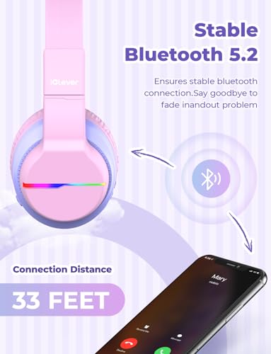 Image of iClever BTH12 Kids Bluetooth Headphones,Colorful LED Lights Wireless Kids Headphones,74 /85 /94dB Volume Limited,55H Playtime,Bluetooth 5.2,Over Ear Headphones Built-in Mic for iPad /Tablet /Airplane,Pink