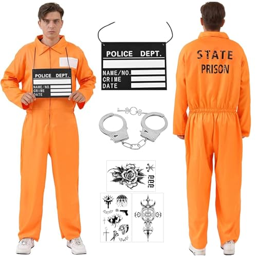 LOEPENLE Juego de disfraz de convicto para hombre, kit de accesorios de prisión naranja, disfraz de prisionero para Halloween, carnaval y cosplay