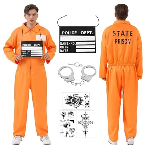 LOEPENLE Juego de disfraz de convicto para hombre, kit de accesorios de prisión naranja, disfraz de prisionero para Halloween, carnaval y cosplay