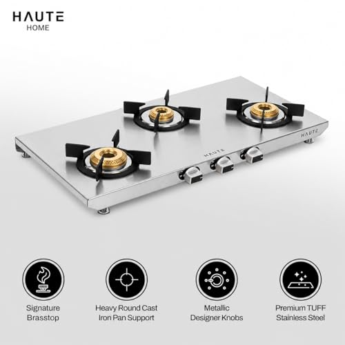 Image of Essencia series 3 Burner Manual Stove | 2MM thick Stainless Steel | 1 Jumbo 1 Medium 1 Small |Door Step Service | 10 year warranty By Haute Home