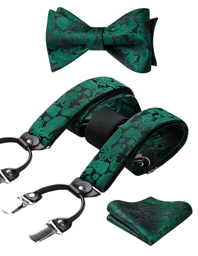 HISDERN Suspenders for Men Green Suspender and Bow Tie Set Dark Green Paisley Adjustable Y-Back Tuxedo Suspender Bowtie Pocket Square for Wedding