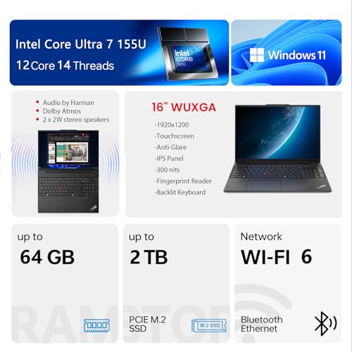 Image of PCONLINE Lenovo ThinkPad E16 Business AI Laptop, 16 inch FHD+ Anti-Glare Touchscreen, Intel Core Ultra 7 155U, 64GB DDR5, 2TB SSD, Fingerprint, Backlit KB, HDMI, 1080p Webcam, Wi-Fi 6, Windows 11 Pro