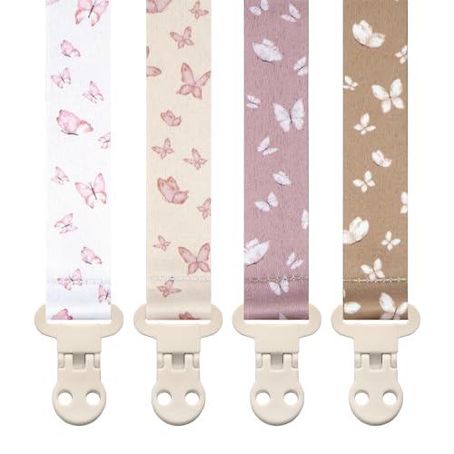 Image of Stadela Baby Pacifier Clip Holder - Girl or Boy Unisex 4 Pack Gift Set – Blush Pink and Beige Butterflies (Anabella)