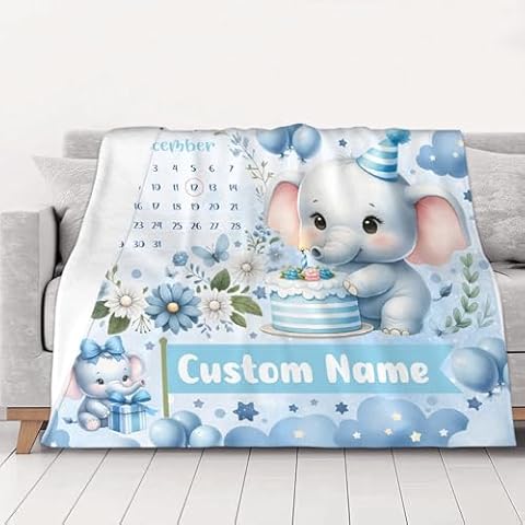 Elephant Happy birthday Blanket for boys Girls with Name Message and birthday informatio Items That creative decoration blanket for boys and girls, the best surprise for birthday 40"x30"for Pets Cover