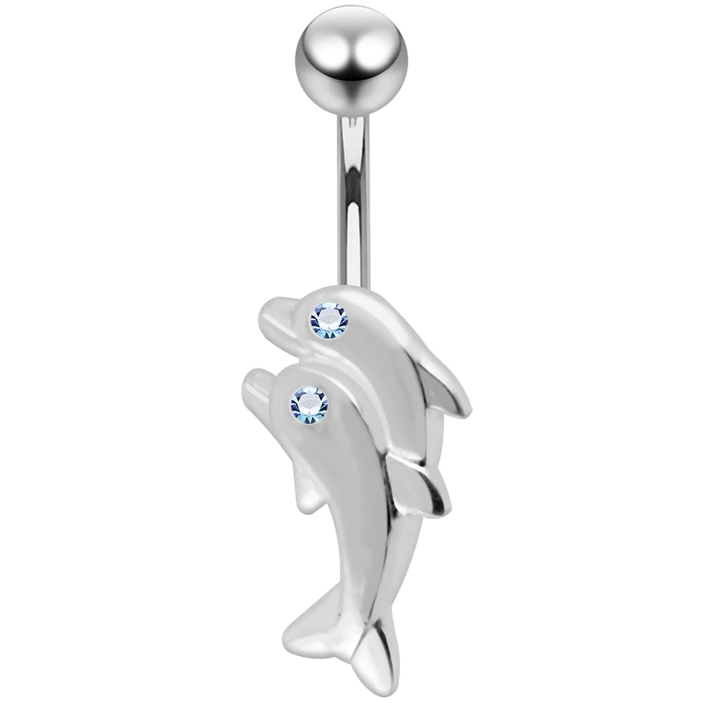 AZARIO LONDON Crystal Stone Eye Twin Dolphin Silver Belly Bar - Steel & Silver Navel Jewelry - 14 Gauge Belly Bar