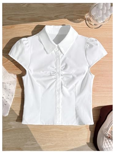 SweatyRocks Girl's Button Down Shirt Ruched Collar Short Sleeve Summer Blouse Tops3
