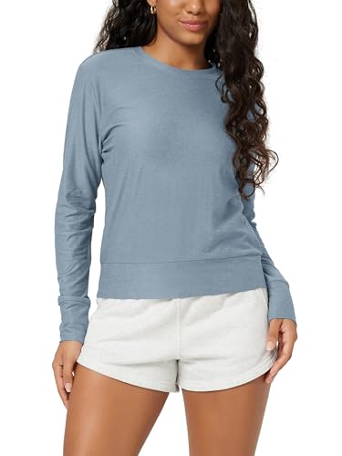 ODODOS Womens Long Sleeve Crewneck Tee - Ultra Soft odSTRATUM Tech Performance T-Shirts UPF 50+ Everyday Pullover Tops Dusty Blue Heather X-Small