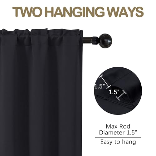 Image of Black Blackout Curtains for Small Window Treatment, Light Blocking Short Kitchen Window Curtains Over Sink, Dual Rod Pocket Half Window Tiers for Bathroom Basement, Each 40 inch Wx36 L, 2 PCS