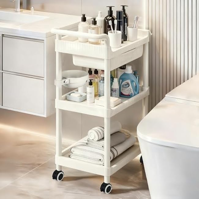 3 Tier Rolling Cart with Drawers, White Utility Carts for Kitchen, Laundry Room and Bedroom, 3 Tier Grocery Carts for Home and Office, Bathroom Organizers and Storage Rack on Wheels-CMpBKiJ6