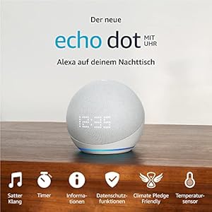 Echo Dot (5. Gen, 2022) mit Uhr | Smarter Lautsprecher mit Uhr und Alexa | Weiß