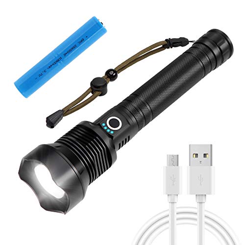 JESTOP Rechargeable LED Flashlight, 90000 lumens Tactical Flashlight, Zoomable 3 Modes â€“ Medium High Strobe Lighting, Powerful 26650 IPX5 Waterproof Torch for Outdoor, Hiking, Camping