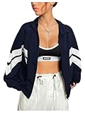 Verdusa Women's Color Block Zip Up Hooded Jacket Outerwear Loose Windbreaker Jackets Blue Medium