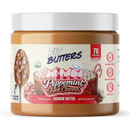 Fit Butters JET-PUFFED Peppermint Hot Cocoa Cashew Butter Spread - Added Whey Protein and Coconut Oil, Low Carb, Low Sugar, Complete Protein Dessert Flavored Nut Butter