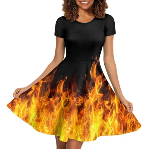 Image of POLERO Women Puffy Swing Elegant Party Midi Dresses Short Sleeve Round Neck A-Line Dress