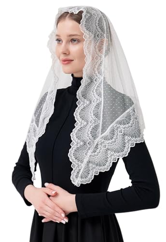 Leimandy Feminino Mantilha De Renda Marfim - Véu Capela Triangular Vintage Com Bolinhas Para Cerimôn...