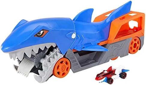 Hot Wheels City Rekin Transporter Zestaw do zabawy, łapiąca samochodziki w paszczę ciężarówka Shark Bite z miejscem na 5 pojazdów i 1 pojazdem w skali 1:64, dla dzieci od 4 do 8 lat