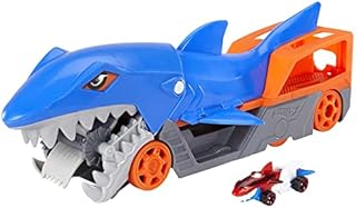 Hot Wheels City Rekin Transporter Zestaw do zabawy, łapiąca samochodziki w paszczę ciężarówka Shark Bite z miejscem na 5 pojazdów i 1 pojazdem w skali 1:64, dla dzieci od 4 do 8 lat