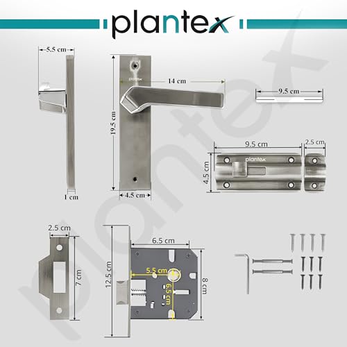 Image of Plantex Heavy Duty Bathroom Door Lock - Mortise 8 Inch Keyless Plate Handle Set for Home /Bathroom /Store Room /Balcony /Office with Baby Latch (8133-Satin Steel & Chrome)