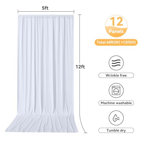 Image of 12 Panels 5x12ft White Backdrop Curtains for Parties, Wrinkle Free Polyester Photo Backdrop Drapes 12 ft Long Back Drop Cloth Drapery for Wedding Birthday Baby Shower Photography Party Background