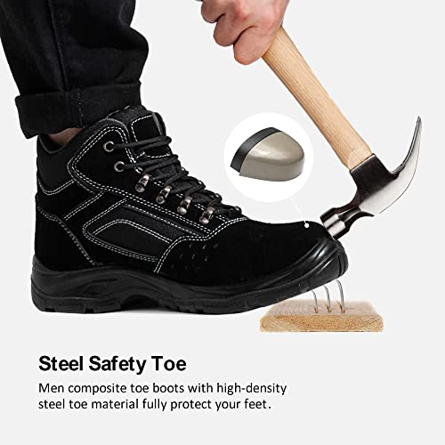 Jousen Men Work Boots Suede Leather Mid Height Waterproof Steel Toe Industrial Construction Mens Boots (Amy8134 Black 12) #TOP1