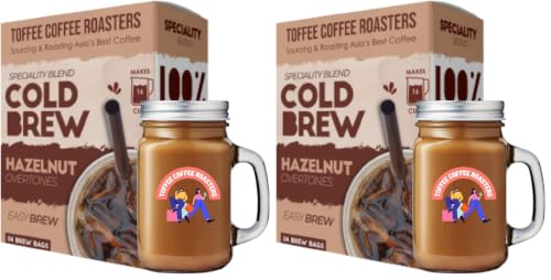 Image of Toffee Coffee Roasters | Hazelnut Cold Brew | Free Mason Jar | Easy Brew Grounded Coffee Freshly Roasted | Pack of 6 Bags | 100% Arabica | Makes 12 Cups