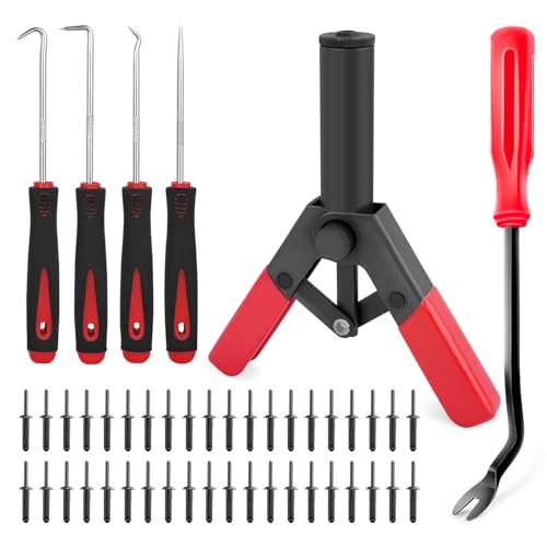 GOOACC 46Pcs Plastic Poly Rivet Gun Set Pop Rivet Assortment Set 40Pcs Assorted Poly Rivets with Fastener Remover Pick and Hook Set for Installing and Removing Car Door Panel and Upholstery Clips