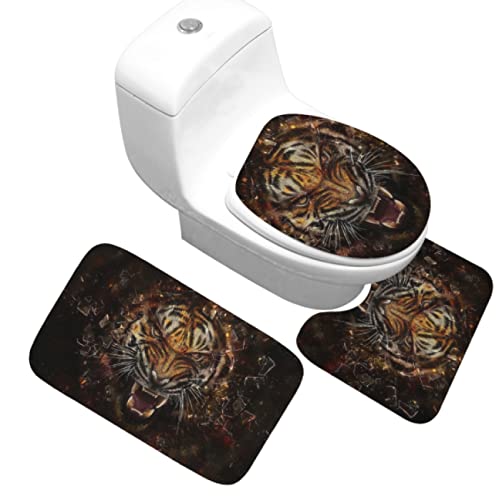 3 Teilig Badematte Set Schwarzer Tiger 17 3D Badematten Set rutschfest, Badezimmerteppich,U-förmiger WC-Vorleger,WC…
