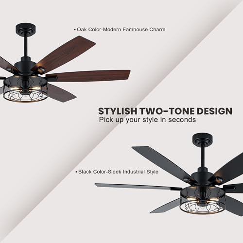 Image of Dawn Whisper Black Ceiling Fans with Lights 60 Inch Farmhouse Ceiling Fan with Remote Quiet Reversible DC Motor 6 Speeds 8 Blades Large Industrial Chandelier Fan for Living Room Bedroom