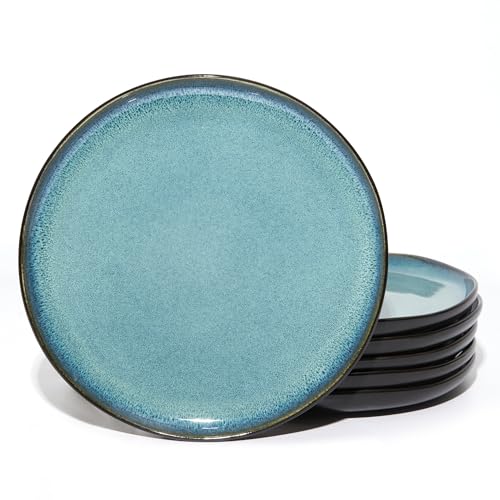 Image of Pokini 10 Inch Ceramic Dinner Plates Set of 6, Wavy Rim Stoneware Plates | Reactive Glaze Plate Set, Microwave & Dishwasher Safe, Scratch Resistant, Ideal for Steak, Pizza, Lunch, Serving, Green Black