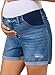 BLENCOT Women's Maternity Mid-Rise Elastic Panel Stretch Ripped Denim Shorts Under Belly Trendy Soft Cuffed Hem Pregnancy Jeans Shorts Sky Blue XL