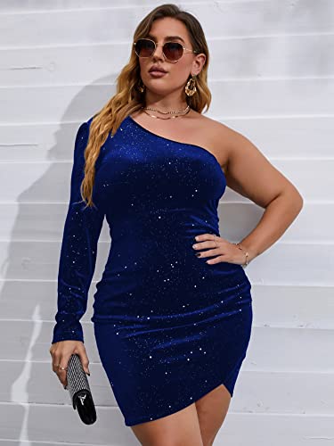 SOLY HUX Women's Plus Size One Shoulder Sexy Bodycon Formal Dress Long Sleeve Ruched Wrap Velvet Party Dress3