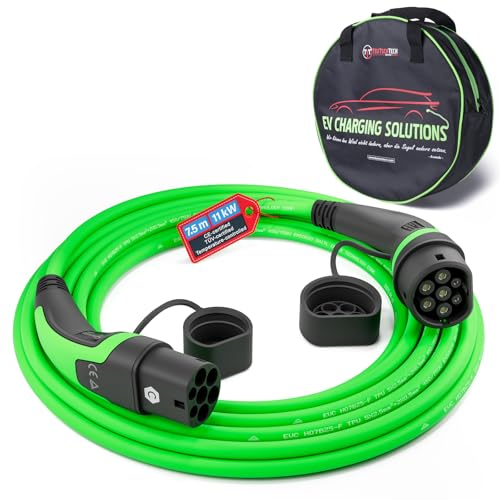 TEUTSCHTECH, Typ 2 Ladekabel – 7.5m 11 kW 16 A 3-phasig Mode 3 – EV Ladekabel für Wallbox & Ladestation – Elektroauto & Plug-in Hybrid – mit integrierter Temperaturüberwachung für erhöhten Brandschutz