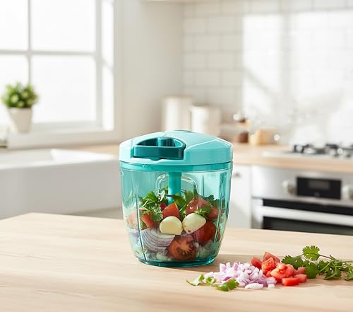 Image of Large Manual Food Chopper with Pull Cord, 5 Stainless Steel Blades - 1000ml Vegetable, Fruit & Onion Cutter (Green)