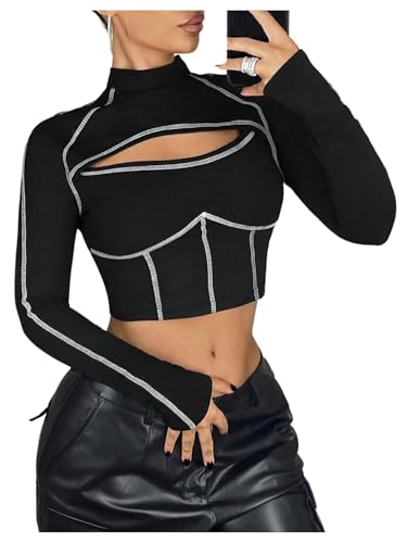 Milumia Women's Y2k Cut Out Long Sleeve Crop Top Contrast Binding