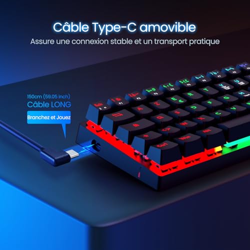 Clavier gamer mécanique 60% câblé anti-ghosting avec rétroéclairage LED - 7
