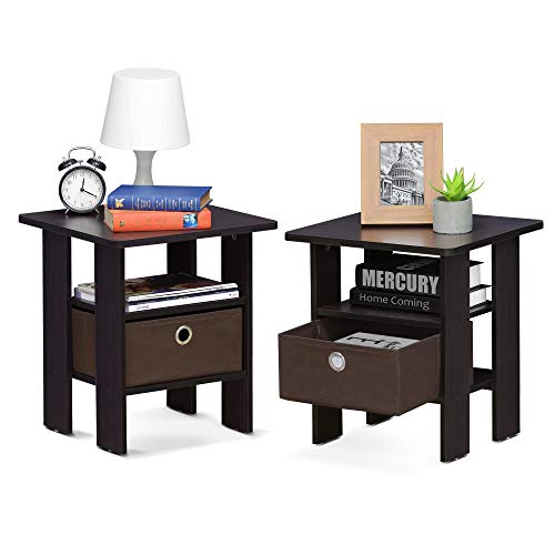 Image of Furinno Andrey Set of 2 End Table / Side Table / Night Stand / Bedside Table with Bin Drawer, Dark Walnut | Open Shelf and Storage Bin, Modern Night Stand, Bedside Table, for Living Room, Bedroom