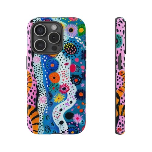 Coque rigide brillante compatible iPhone 15 Pro motif floral abstrait coloré et animal