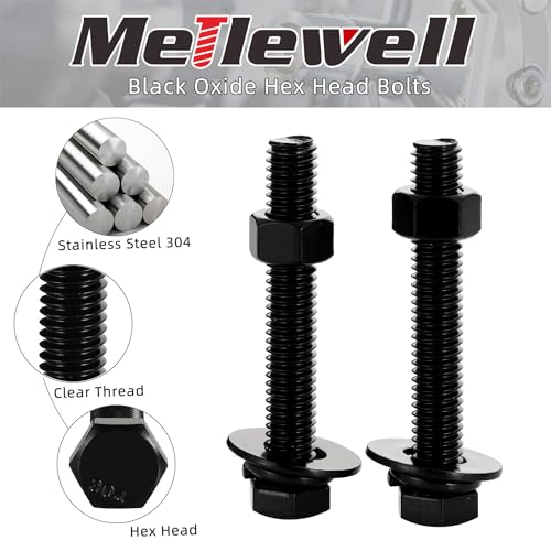 Image of Mellewell 1 /2-13 x 3 Hex Head Screws Bolts, Nuts, Flat & Lock Washers, Fully Threaded, Stainless Steel 18-8, Black Finish, 2 Sets