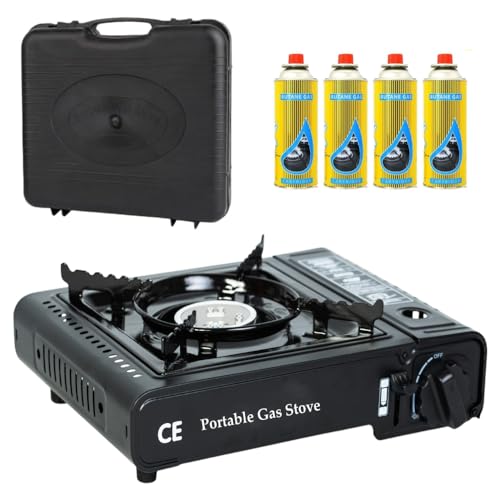 Camping Stove with Carry Case and 4 Butane Gas Canisters - Premium Portable Chrome Finishing Gas Stove EN417 Compliant With Heat Control, Piezo Ignition system- Outdoor Cooker For Picnic & Garden