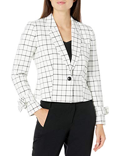 NINE WEST Women's 1 Button Notch Collar Plaid Cropped Jacket with Wrist Ties & Front Pocket, Black/Lily, 10