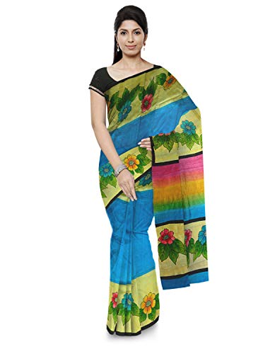 Acidtic Hand Printing Handloom Murshidabad Silk Saree (Blue)
