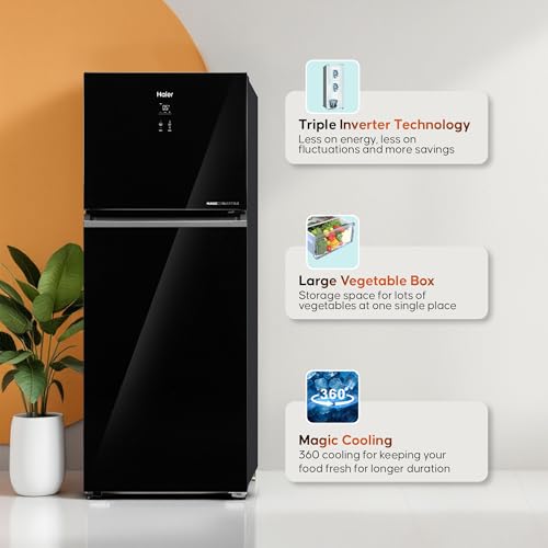 Image of Haier 328L 2 Star Frost Free Top Mount Refrigerator | Premium Black Glass | Convertible 10-in-1 | Digital Display Panel | Triple Inverter | Twist Ice Maker (2025 Model, HRF-3782PLKG-P, Black Glass)